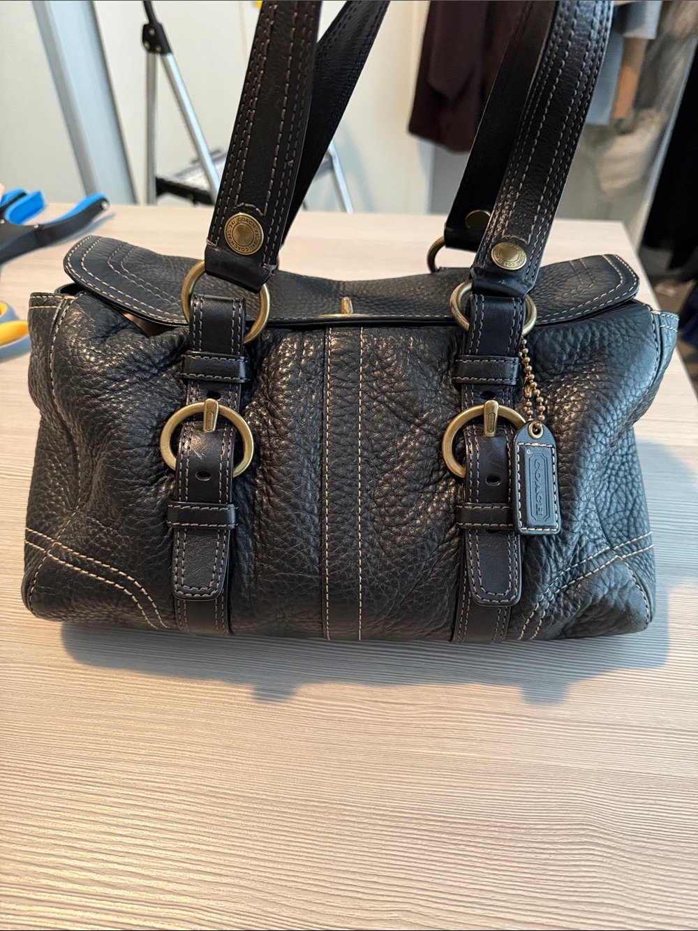 Vintage Coach Chelsea Black Pebbled Leather Shoulder Bag with Brass Hardware